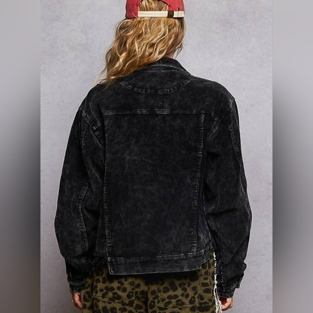 POL Corduroy Jacket Women's Medium Faded Black Raw Hem Oversized Crop Boho - Picture 3 of 8